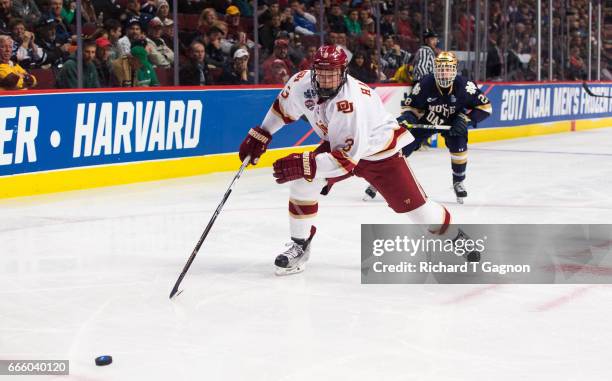 Tariq Hammond of the Denver Pioneers skates against the Notre Dame Fighting Irish during game two of the 2017 NCAA Division I Men's Hockey Frozen...