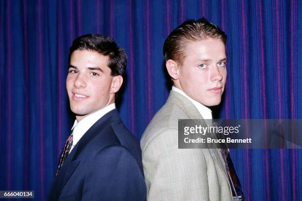 Peter Ferraro the 24th overall pick of the New York Rangers poses with Valeri Bure the 33rd overall pick of the Montreal Canadiens on June 20, 1992...