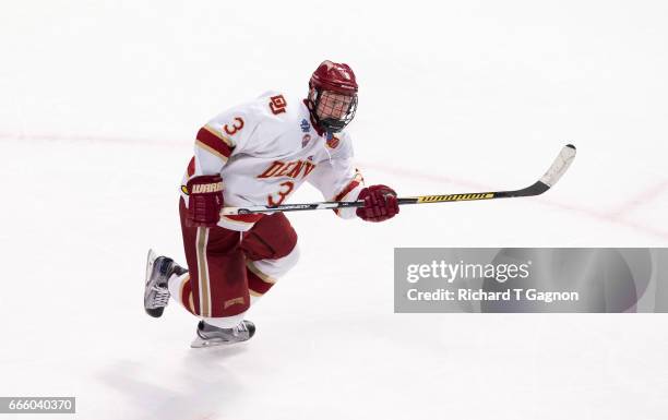 Tariq Hammond of the Denver Pioneers skates against the Notre Dame Fighting Irish during game two of the 2017 NCAA Division I Men's Hockey Frozen...