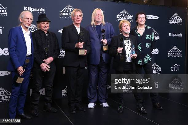 Inductees Steve Howe, Alan White, Bill Bruford, Rick Wakeman, Jon Anderson and Trevor Rabin of Yes attend the 32nd Annual Rock & Roll Hall Of Fame...