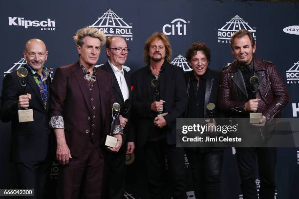 Inductees Steve Smith, Ross Valory, Aynsley Dunbar, Gregg Rolie, Neal Schon, and Jonathan Cain of Journey attend the 32nd Annual Rock & Roll Hall Of...