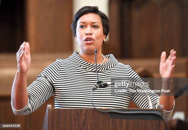 Mayor Muriel Bowser addresses the crowd at the More For Housing Now rally at the Foundry United Methodist Church in Washington, DC on March 18, 2017.