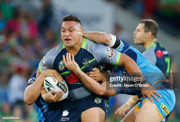 Josh Papalii of the Raiders in action during the round six NRL match between the Gold Coast Titans and the Canberra Raiders at Cbus Super Stadium on...