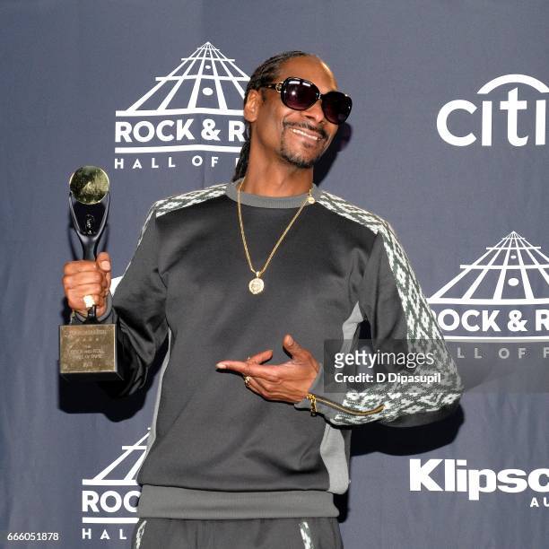 Recording artist Snoop Dogg attends the Press Room of the 32nd Annual Rock & Roll Hall of Fame Induction Ceremony at Barclays Center on April 7, 2017...