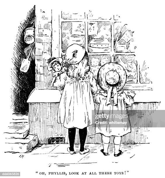 ilustraciones, imágenes clip art, dibujos animados e iconos de stock de dos niñas victorianas mirando a un escaparate de una tienda de juguetes - escaparate de tienda