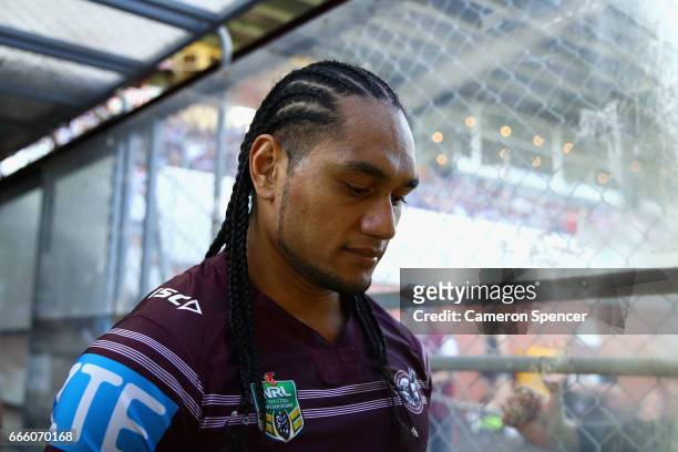 Martin Taupau of the Sea Eagles and team mates head onto the field during the round six NRL match between the Manly Sea Eagles and the St George...