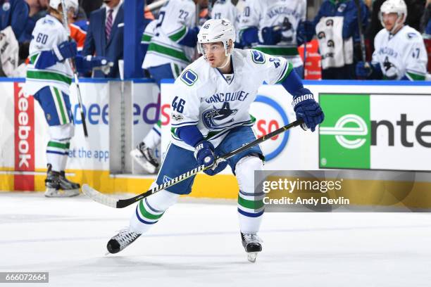 Jayson Megna of the Vancouver Canucks skates during the game against the Edmonton Oilers on March 18, 2017 at Rogers Place in Edmonton, Alberta,...