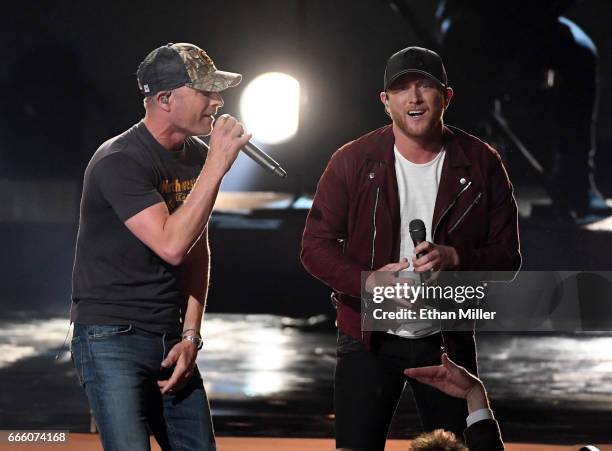 Recording artists Dierks Bentley and Cole Swindell perform during the 52nd Academy of Country Music Awards at T-Mobile Arena on April 2, 2017 in Las...