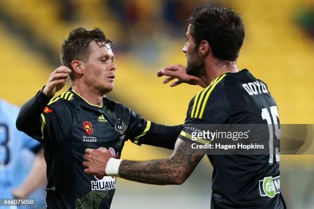 Michael McGlinchey of the Phoenix celebrates his goal with teammate Tom Doyle during the round 26 A-League match between the Wellington Phoenix and...
