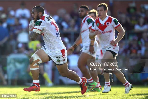 Leeson Ah Mau of the Dragons runs the ball during the round six NRL match between the Manly Sea Eagles and the St George Illawarra Dragons at...
