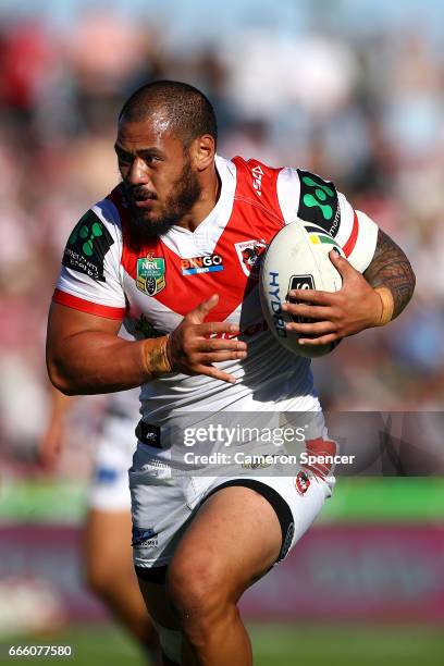 Leeson Ah Mau of the Dragons runs the ball during the round six NRL match between the Manly Sea Eagles and the St George Illawarra Dragons at...