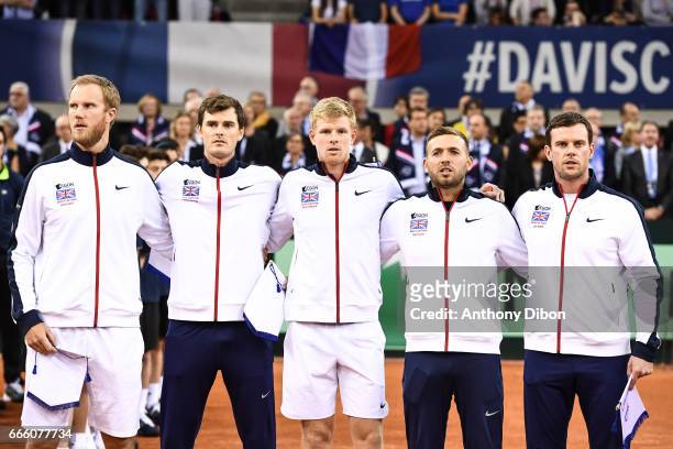 Team of Great Britain Dominic Inglot, Jamie Murray, Kyle Edmund, Daniel Evans and coach Leon Smith during the Davis Cup match, quarter final, between...