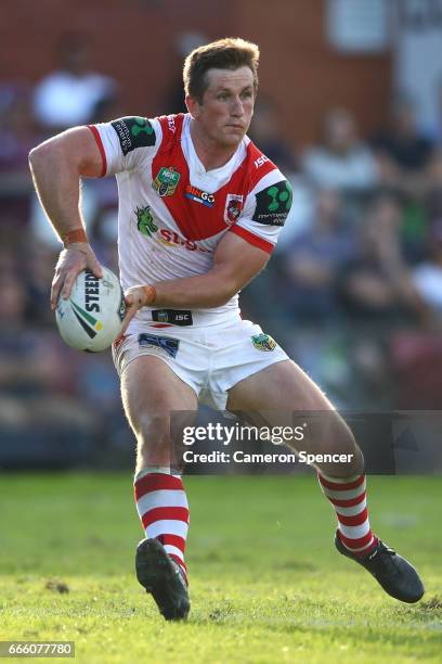 Joshua McCrone of the Dragons passes during the round six NRL match between the Manly Sea Eagles and the St George Illawarra Dragons at Lottoland on...