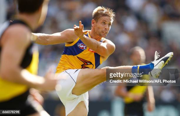 Mark LeCras of the Eagles kicks the ball during the 2017 AFL round 03 match between the Richmond Tigers and the West Coast Eagles at the Melbourne...