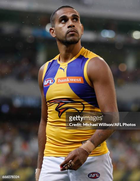 Lewis Jetta of the Eagles looks dejected after a loss during the 2017 AFL round 03 match between the Richmond Tigers and the West Coast Eagles at the...