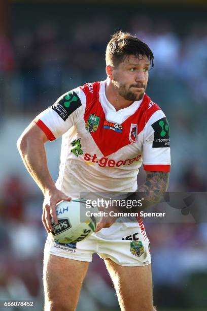 Gareth Widdop of the Dragons passes during the round six NRL match between the Manly Sea Eagles and the St George Illawarra Dragons at Lottoland on...