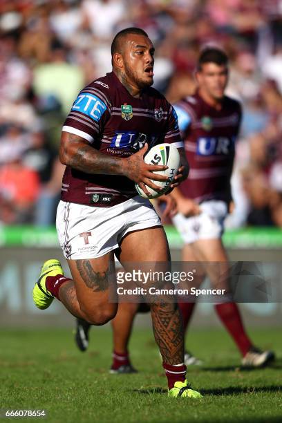 Addin Fonua-Blake of the Sea Eagles runs the ball during the round six NRL match between the Manly Sea Eagles and the St George Illawarra Dragons at...