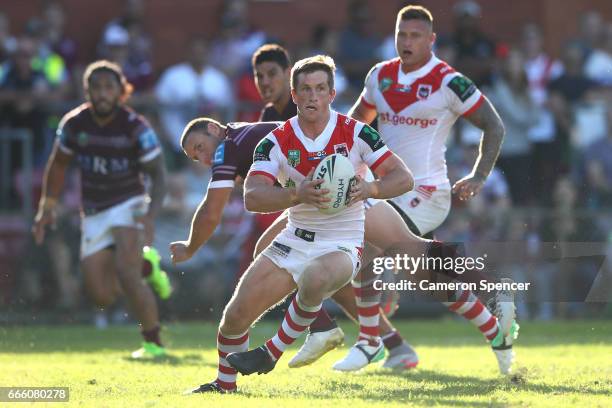Joshua McCrone of the Dragons runs the ball during the round six NRL match between the Manly Sea Eagles and the St George Illawarra Dragons at...