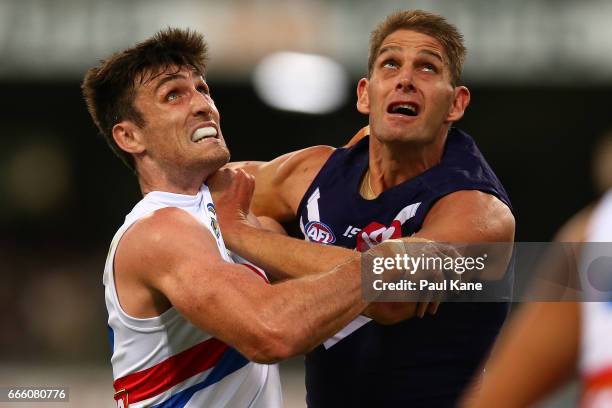 Tom Campbell of the Bulldogs and Aaron Sandilands of the Dockers contest the ruck during the round three AFL match between the Fremantle Dockers and...