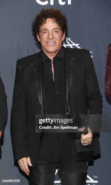 Inductee Neal Schon of Journey attends the Press Room of the 32nd Annual Rock & Roll Hall Of Fame Induction Ceremony at Barclays Center on April 7,...