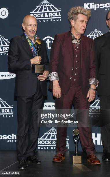 Inductees Steve Smith and Ross Valory of Journey attend the Press Room of the 32nd Annual Rock & Roll Hall Of Fame Induction Ceremony at Barclays...