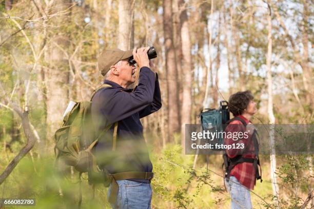 aktiv senior vuxna par vandring i skogen. - fågelskådning bildbanksfoton och bilder