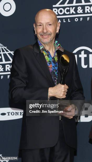 Inductee Steve Smith of Journey attends the Press Room of the 32nd Annual Rock & Roll Hall Of Fame Induction Ceremony at Barclays Center on April 7,...