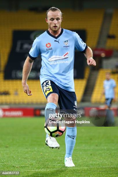 Rhyan Grant of Sydney FC in action during the round 26 A-League match between the Wellington Phoenix and Sydney FC at Westpac Stadium on April 8,...