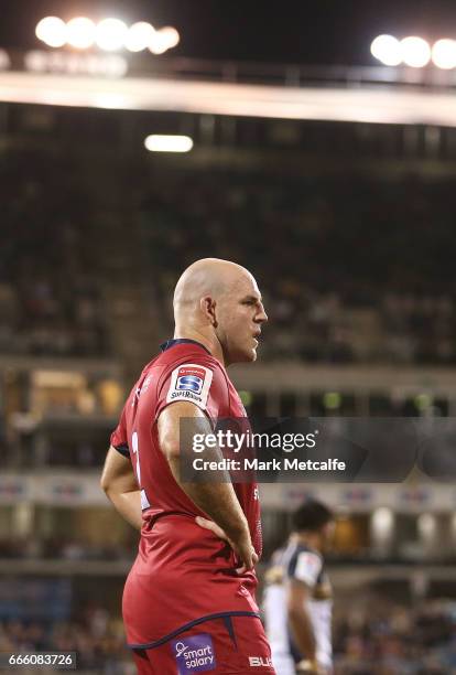 Stephen Moore of the Reds looks on during the round seven Super Rugby match between the Brumbies and the Reds at GIO Stadium on April 8, 2017 in...