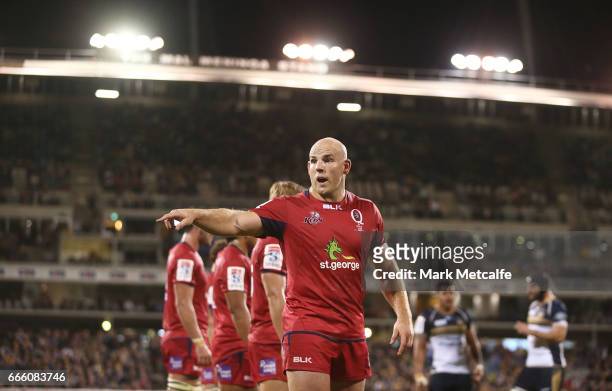 Stephen Moore of the Reds looks on during the round seven Super Rugby match between the Brumbies and the Reds at GIO Stadium on April 8, 2017 in...