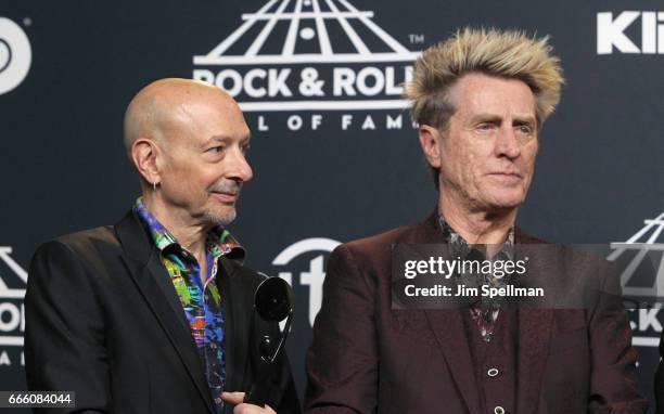 Inductees Steve Smith and Ross Valory of Journey attend the Press Room of the 32nd Annual Rock & Roll Hall Of Fame Induction Ceremony at Barclays...