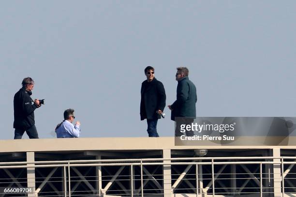 Tom Cruise is seen on the set of Mission Impossible 6 on the rooftop of the french ministry of finance on April 8, 2017 in Paris, France.