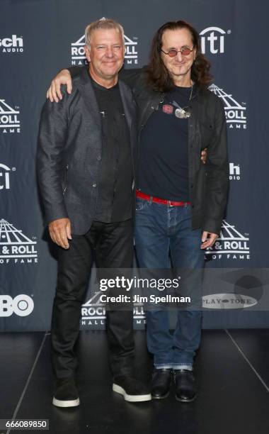 Musicians Alex Lifeson and Geddy Lee attend the Press Room of the 32nd Annual Rock & Roll Hall Of Fame Induction Ceremony at Barclays Center on April...