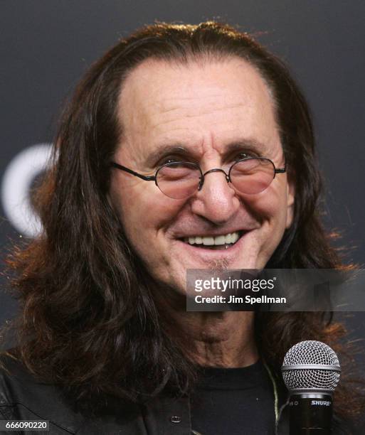 Musician Geddy Lee attends the Press Room of the 32nd Annual Rock & Roll Hall Of Fame Induction Ceremony at Barclays Center on April 7, 2017 in New...