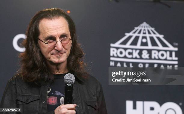 Musician Geddy Lee attends the Press Room of the 32nd Annual Rock & Roll Hall Of Fame Induction Ceremony at Barclays Center on April 7, 2017 in New...