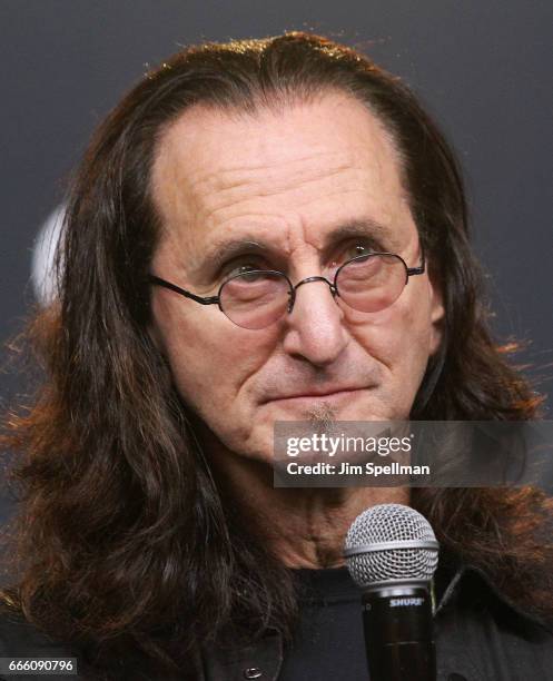 Musician Geddy Lee attends the Press Room of the 32nd Annual Rock & Roll Hall Of Fame Induction Ceremony at Barclays Center on April 7, 2017 in New...