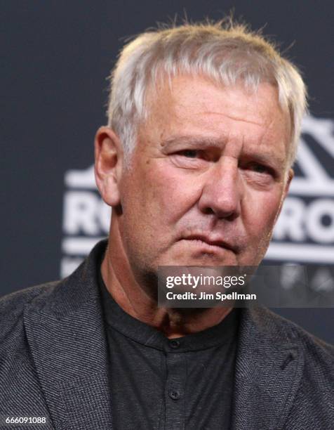 Musician Alex Lifeson attends the Press Room of the 32nd Annual Rock & Roll Hall Of Fame Induction Ceremony at Barclays Center on April 7, 2017 in...