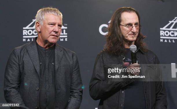 Musicians Alex Lifeson and Geddy Lee attend the Press Room of the 32nd Annual Rock & Roll Hall Of Fame Induction Ceremony at Barclays Center on April...