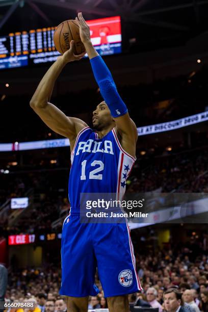 Gerald Henderson of the Philadelphia 76ers shoots during the first half against the Cleveland Cavaliers at Quicken Loans Arena on March 31, 2017 in...