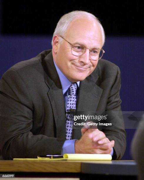 Republican Vice Presidential candidate Dick Cheney smiles during the debate with Vice Presidential candidate Senator Joseph Lieberman at Centre...