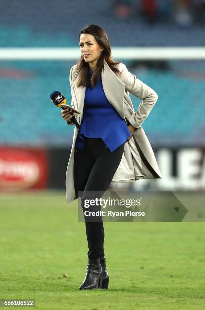 Fox Sports presenter Tara Rushton reports during the round 26 A-League match between the Western Sydney Wanderers and the Melbourne Victory at ANZ...