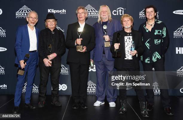 Inductees Steve Howe, Alan White, Bill Bruford, Rick Wakeman, Jon Anderson and Trevor Rabin of Yes attend the Press Room of the 32nd Annual Rock &...