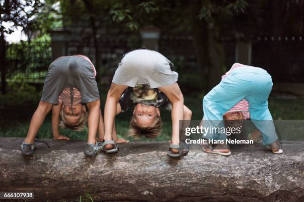 three kids playing on fallen log - boys bum 個照片及圖片檔