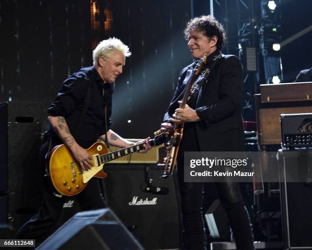 Inductees Mike McCready of Pearl Jam and Neal Schon of Journey perform onstage during the 32nd Annual Rock & Roll Hall Of Fame Induction Ceremony at...