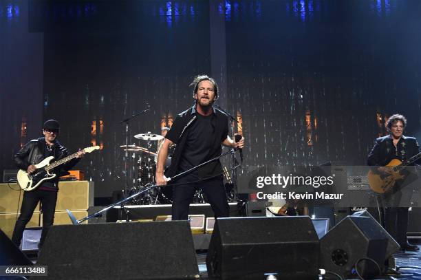 Inductee Eddie Vedder of Pearl Jam performs onstage during the 32nd Annual Rock & Roll Hall Of Fame Induction Ceremony at Barclays Center on April 7,...