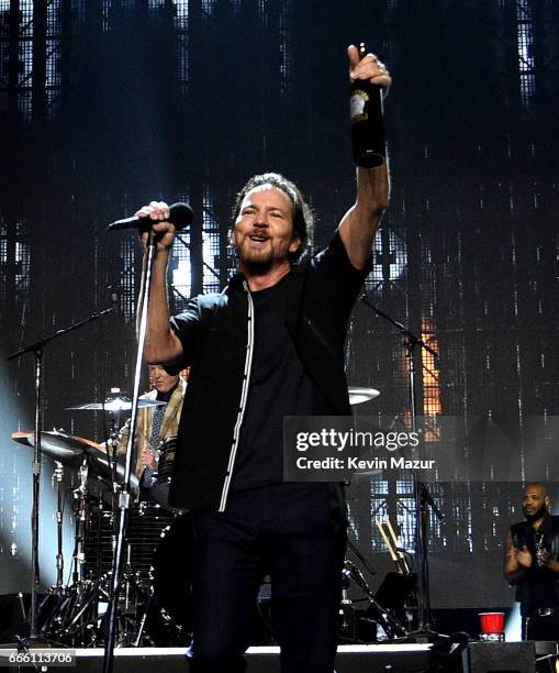 Inductee Eddie Vedder of Pearl Jam performs onstage during the 32nd Annual Rock & Roll Hall Of Fame Induction Ceremony at Barclays Center on April 7,...