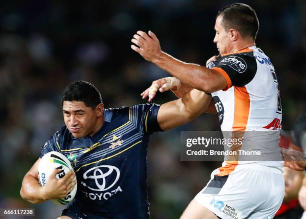 Jason Taumalolo of the Cowboys runs the ball during the round six NRL match between the North Queensland Cowboys and the Wests Tigers at 1300SMILES...