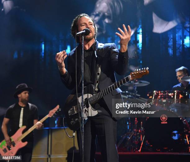 Inductee Eddie Vedder of Pearl Jam performs onstage during the 32nd Annual Rock & Roll Hall Of Fame Induction Ceremony at Barclays Center on April 7,...