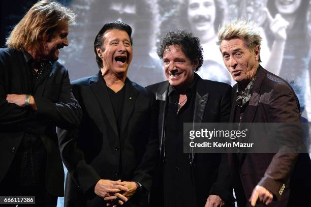 Inductees Steve Perry and Neal Schon of Journey speak onstage during the 32nd Annual Rock & Roll Hall Of Fame Induction Ceremony at Barclays Center...
