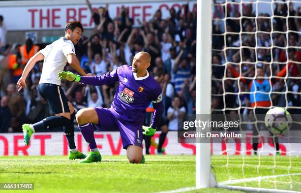 Heung-Min Son of Tottenham Hotspur scores his sides fourth goal during the Premier League match between Tottenham Hotspur and Watford at White Hart...